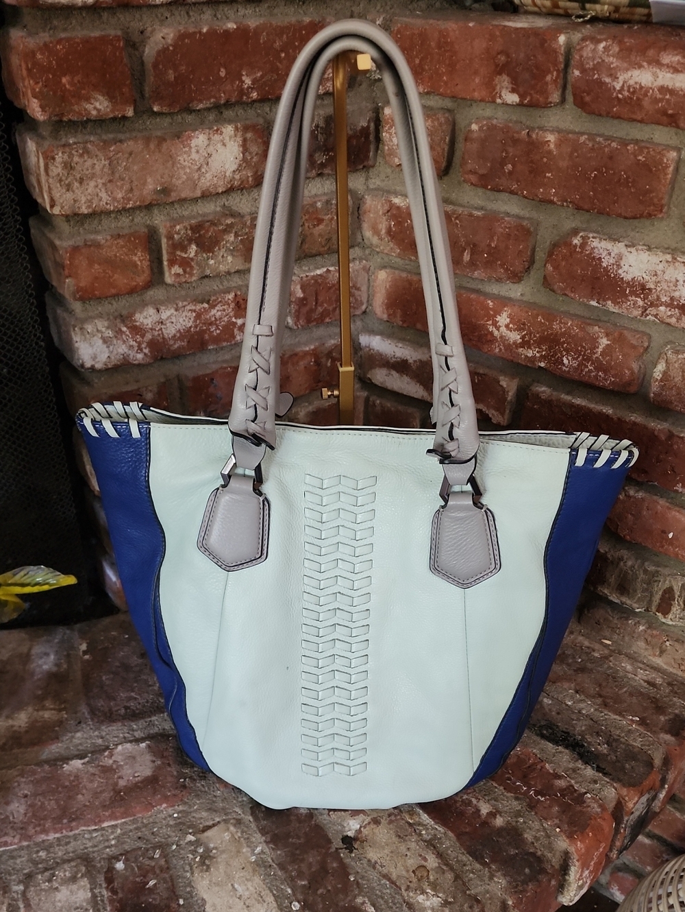 orYANY Two Tone Mint Blue Leather Tote Bag Braided Detail Shoulder Purse
